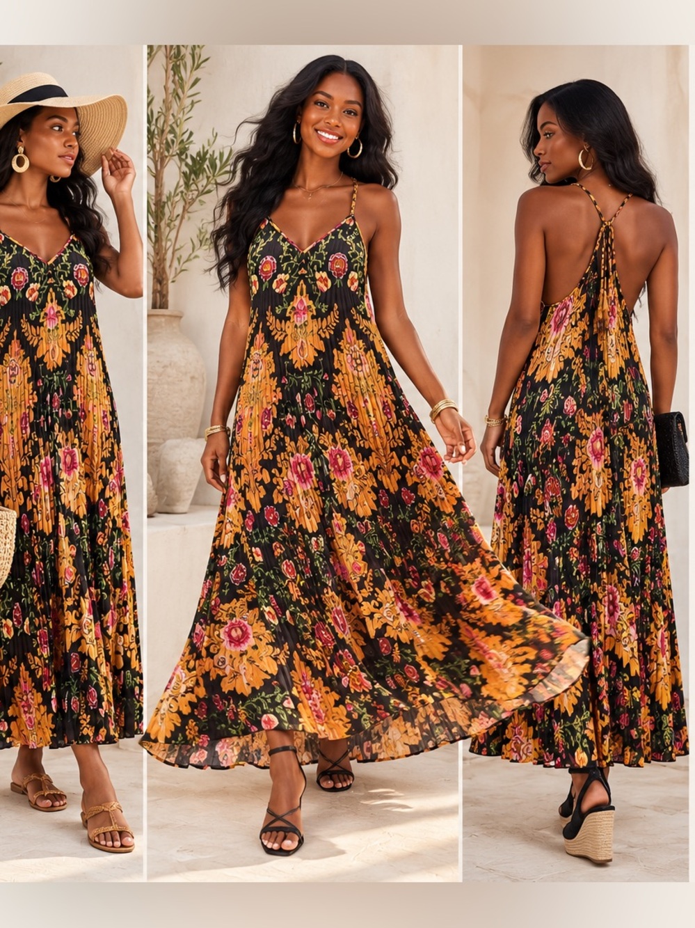FARM Rio Black Arabesque Floral Pleated Midi Dress Small NWT